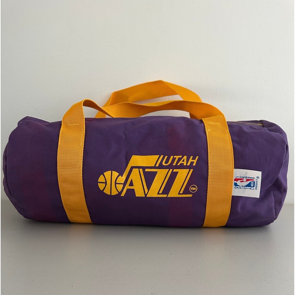Vintage 80s Utah Jazz NBA Mini Duffle Bag Purple Gold Note Canvas Travel Gym Bag